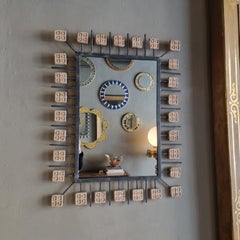 Miroir rectangulaire brutal en fer forgé et carreaux de terre cuite, 1950
