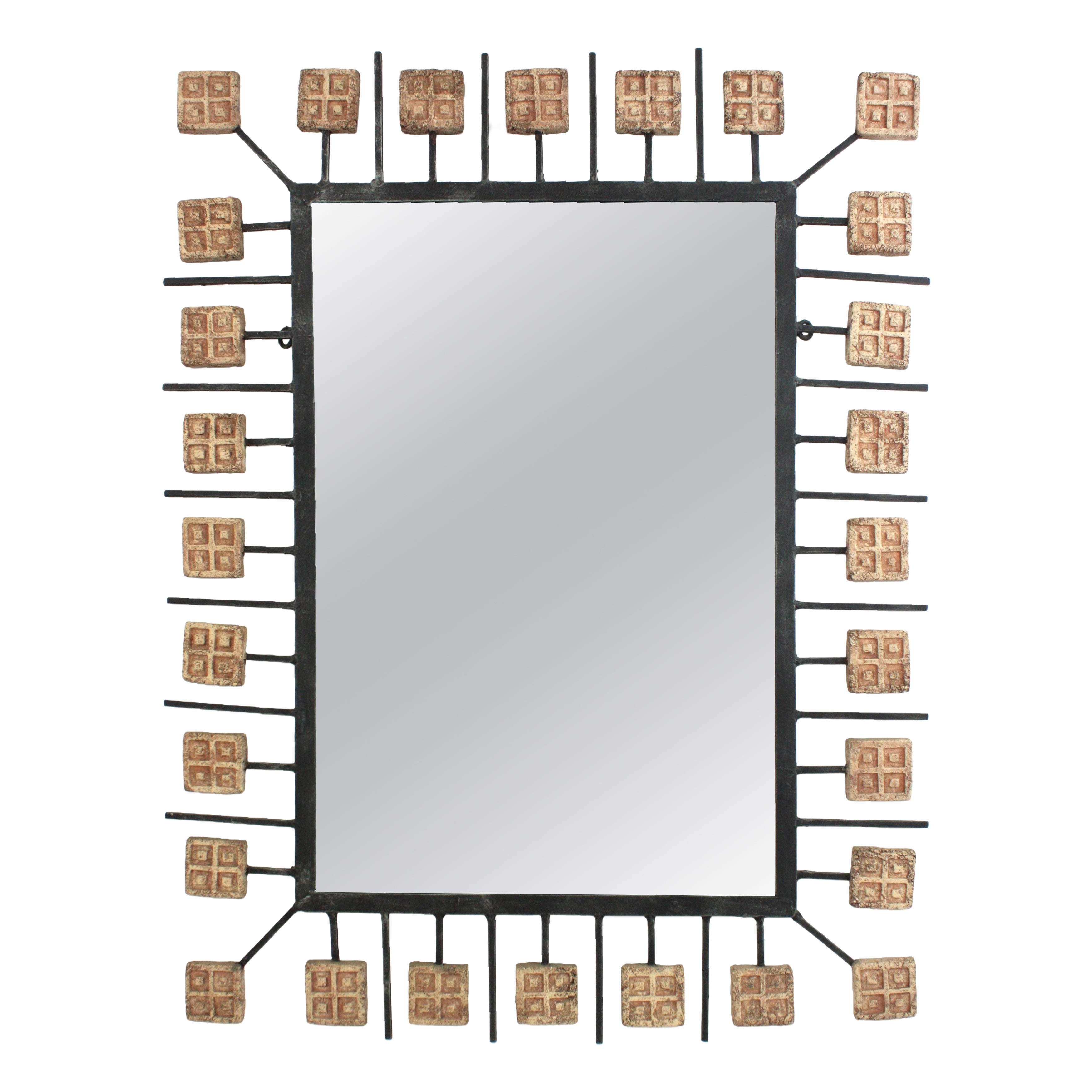 Brutalist Rectangular Sunburst Mirror in Wrought Iron and Terracotta Tiles, 1950