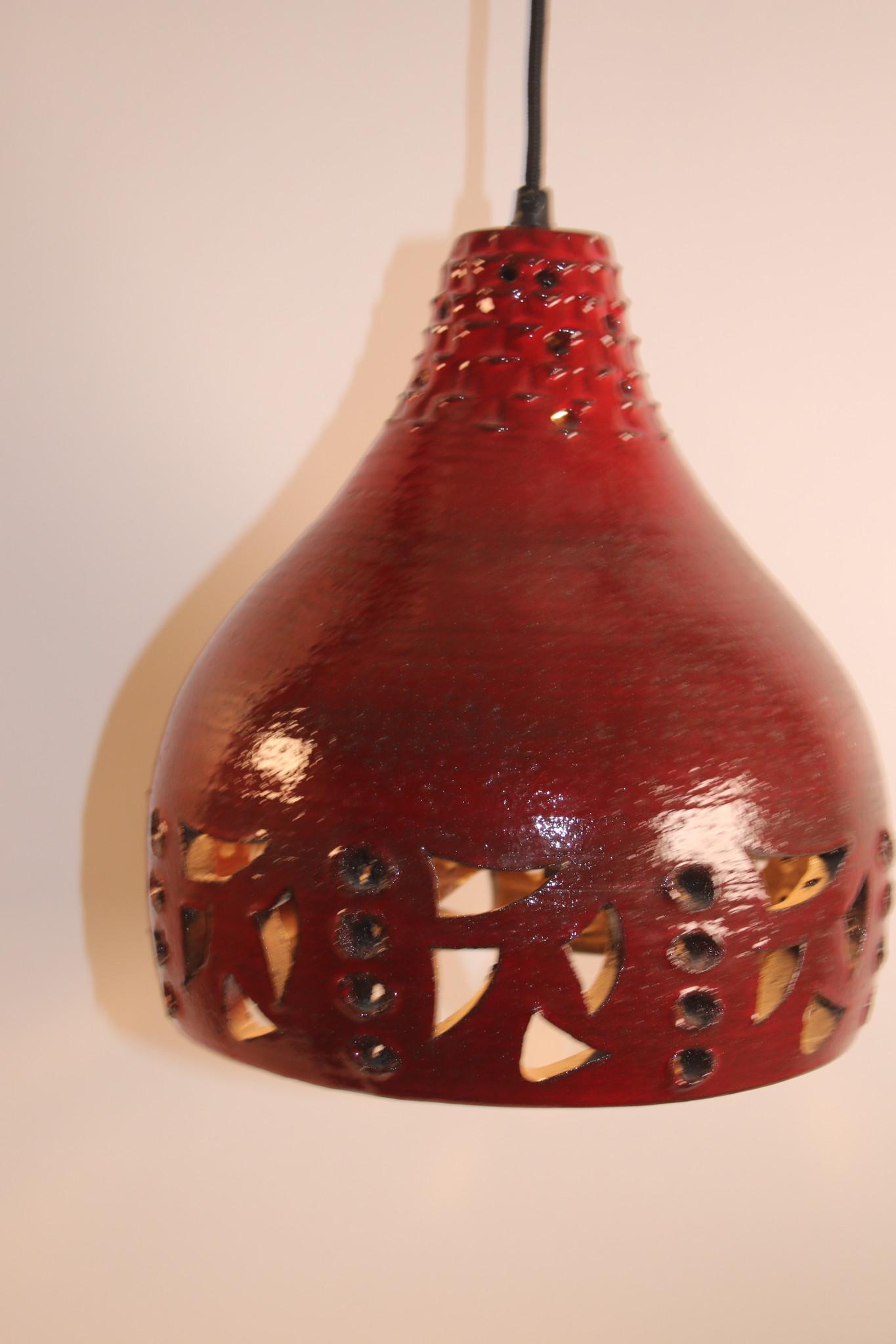 Brutalist Red Ceramic Pendant Lamp Jelle Helleroe, 1970 Denmark 1