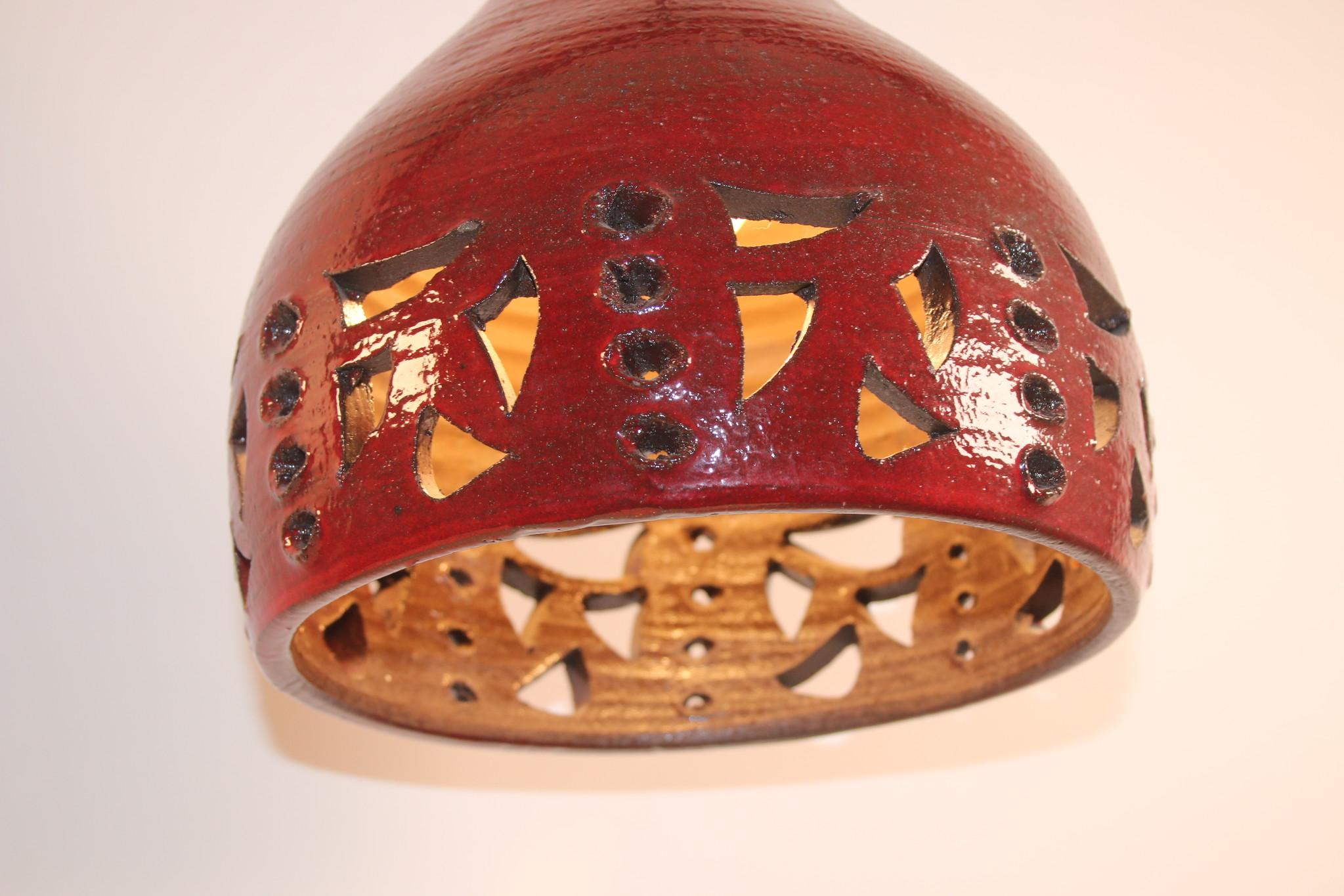 Brutalist Red Ceramic Pendant Lamp Jelle Helleroe, 1970 Denmark 2