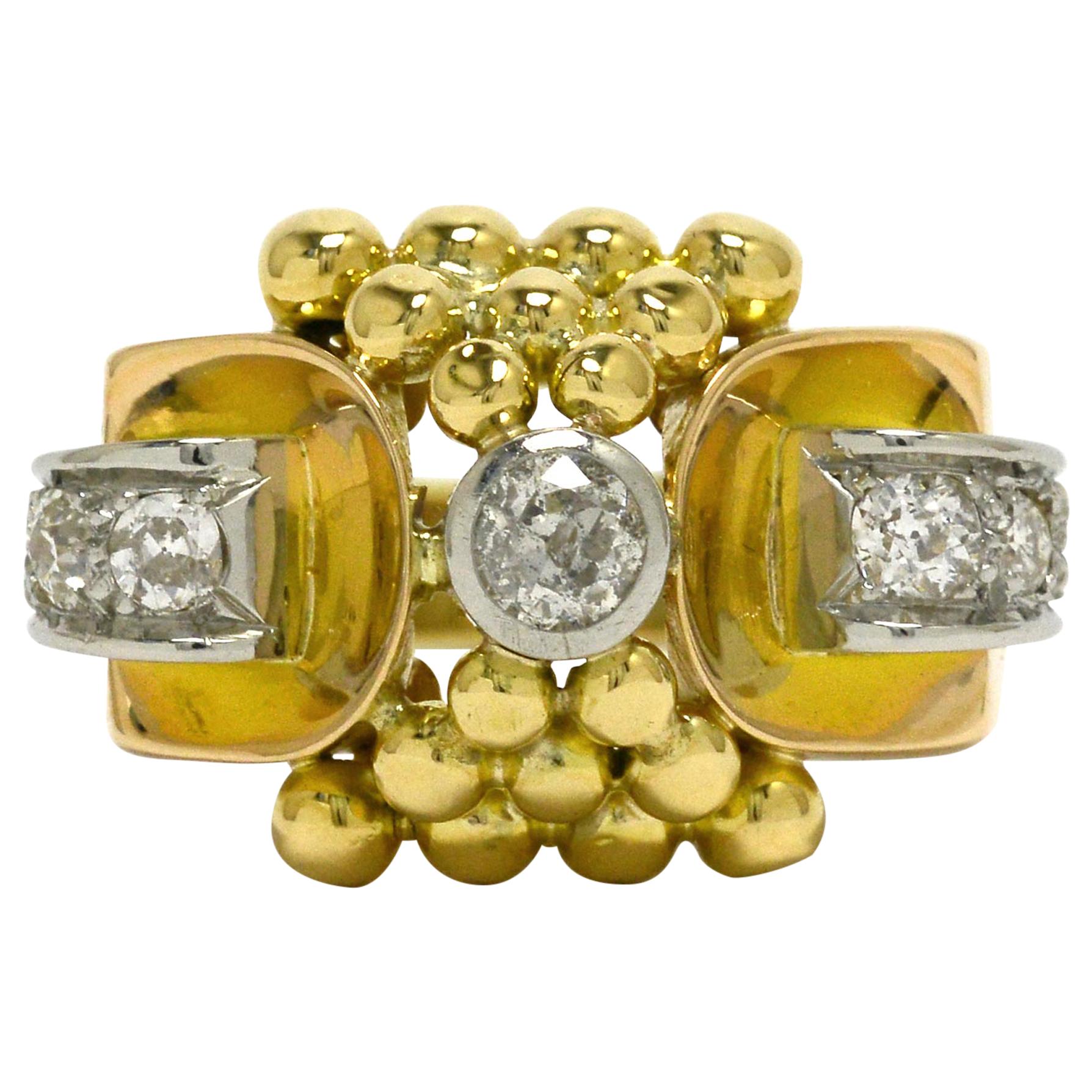 Brutalist Retro Diamond Cocktail Ring Dome Mens Pinky Ring Yellow Gold