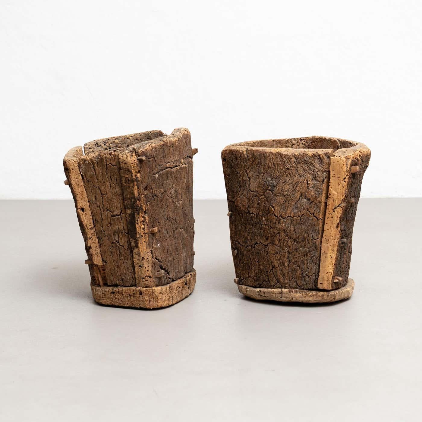 Mid-Century Modern Brutalist Romance: Pair of Vintage Cork Trash Bins from the Early 20th Century For Sale