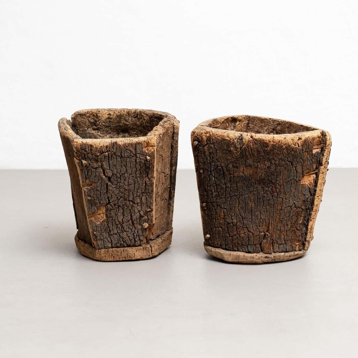 French Brutalist Romance: Pair of Vintage Cork Trash Bins from the Early 20th Century For Sale