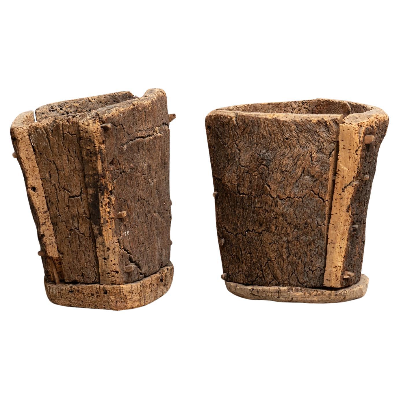 Brutalist Romance: Pair of Vintage Cork Trash Bins from the Early 20th Century