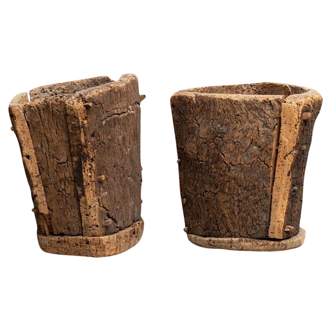 Brutalist Romance: Pair of Vintage Cork Trash Bins from the Early 20th Century For Sale