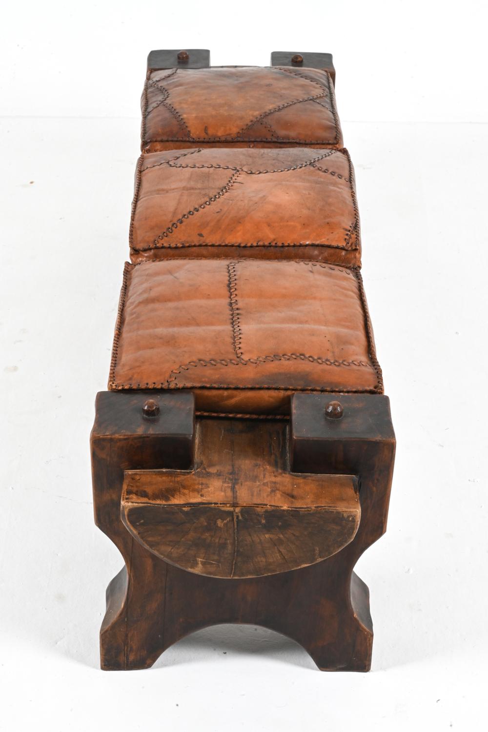 Brutalist Rough-Hewn Wood & Leather Bench 5