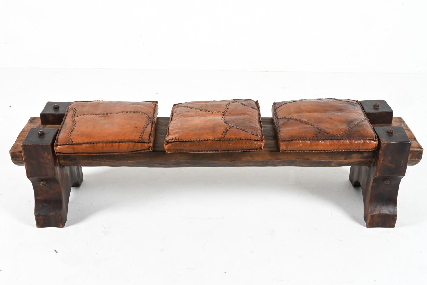 Brutalist Rough-Hewn Wood & Leather Bench 8