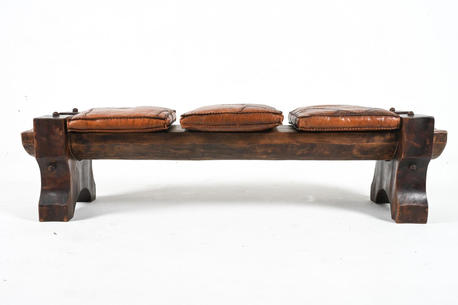 Brutalist Rough-Hewn Wood & Leather Bench 9