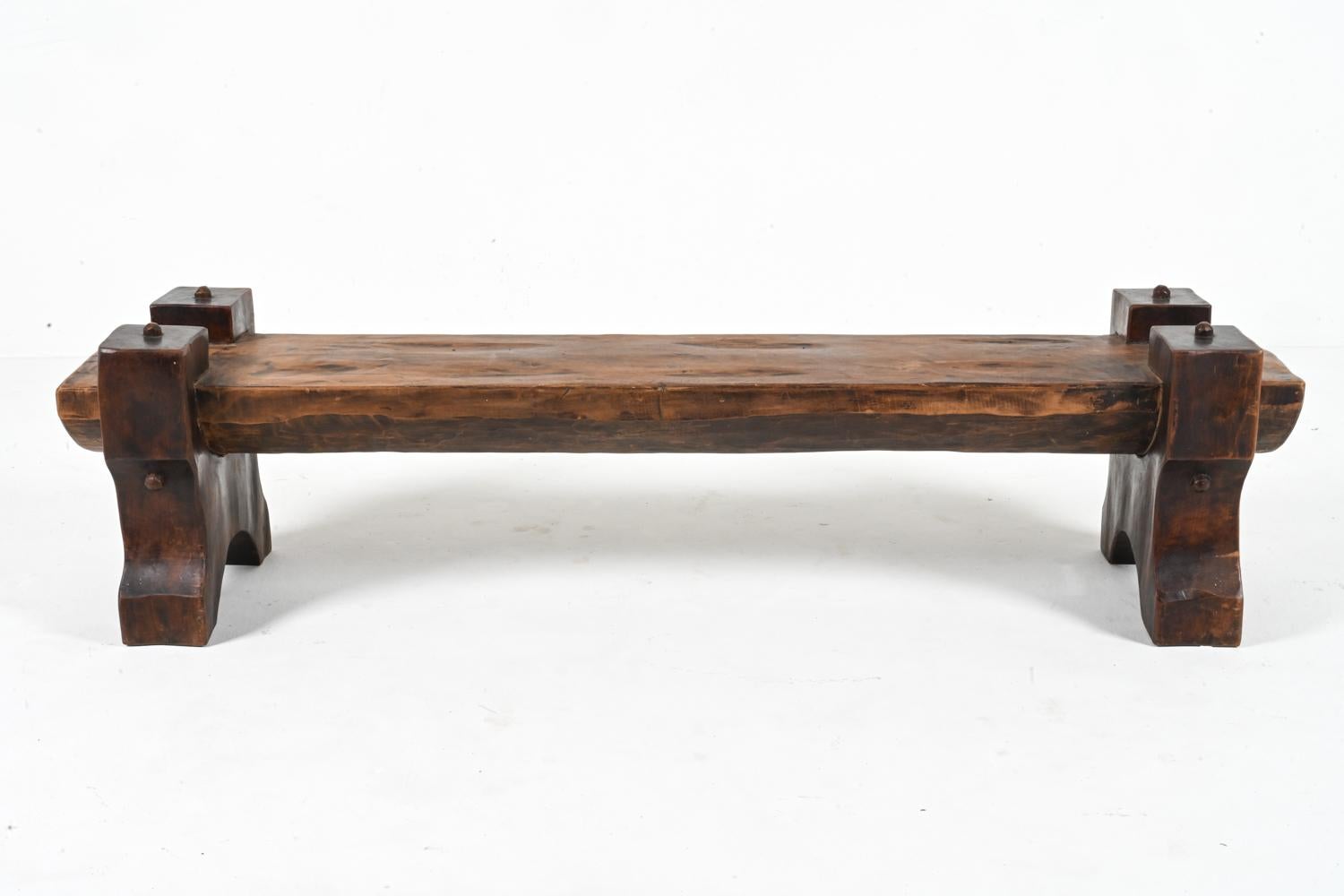 Brutalist Rough-Hewn Wood & Leather Bench 11