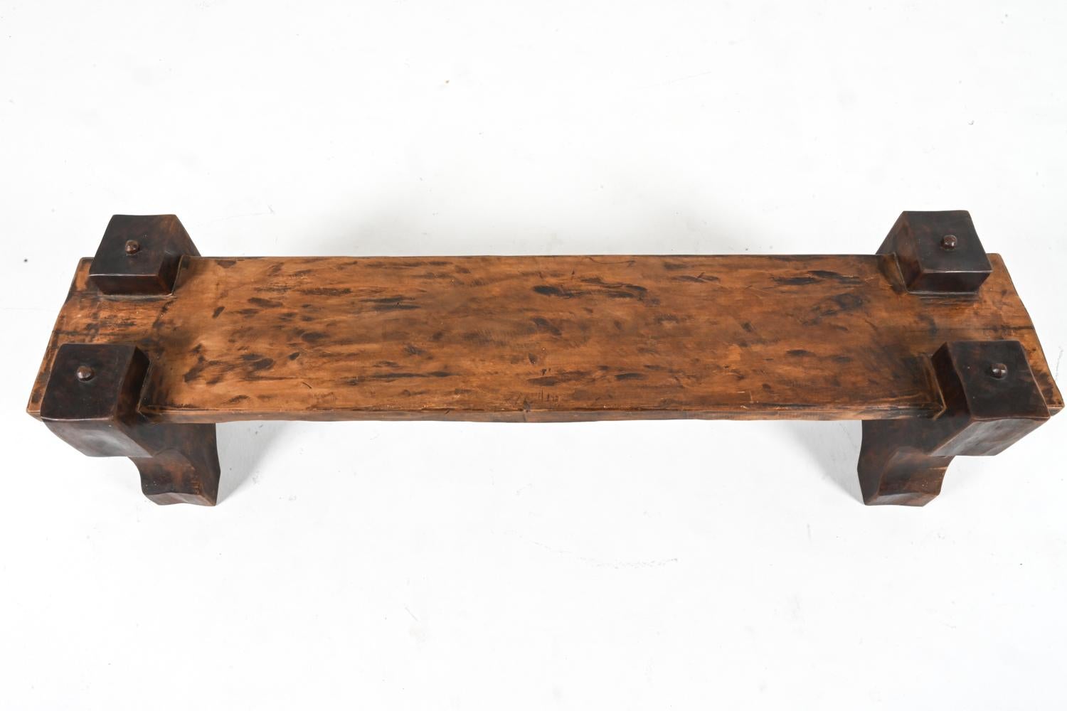Brutalist Rough-Hewn Wood & Leather Bench 12