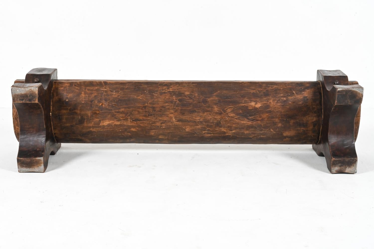 Brutalist Rough-Hewn Wood & Leather Bench 13