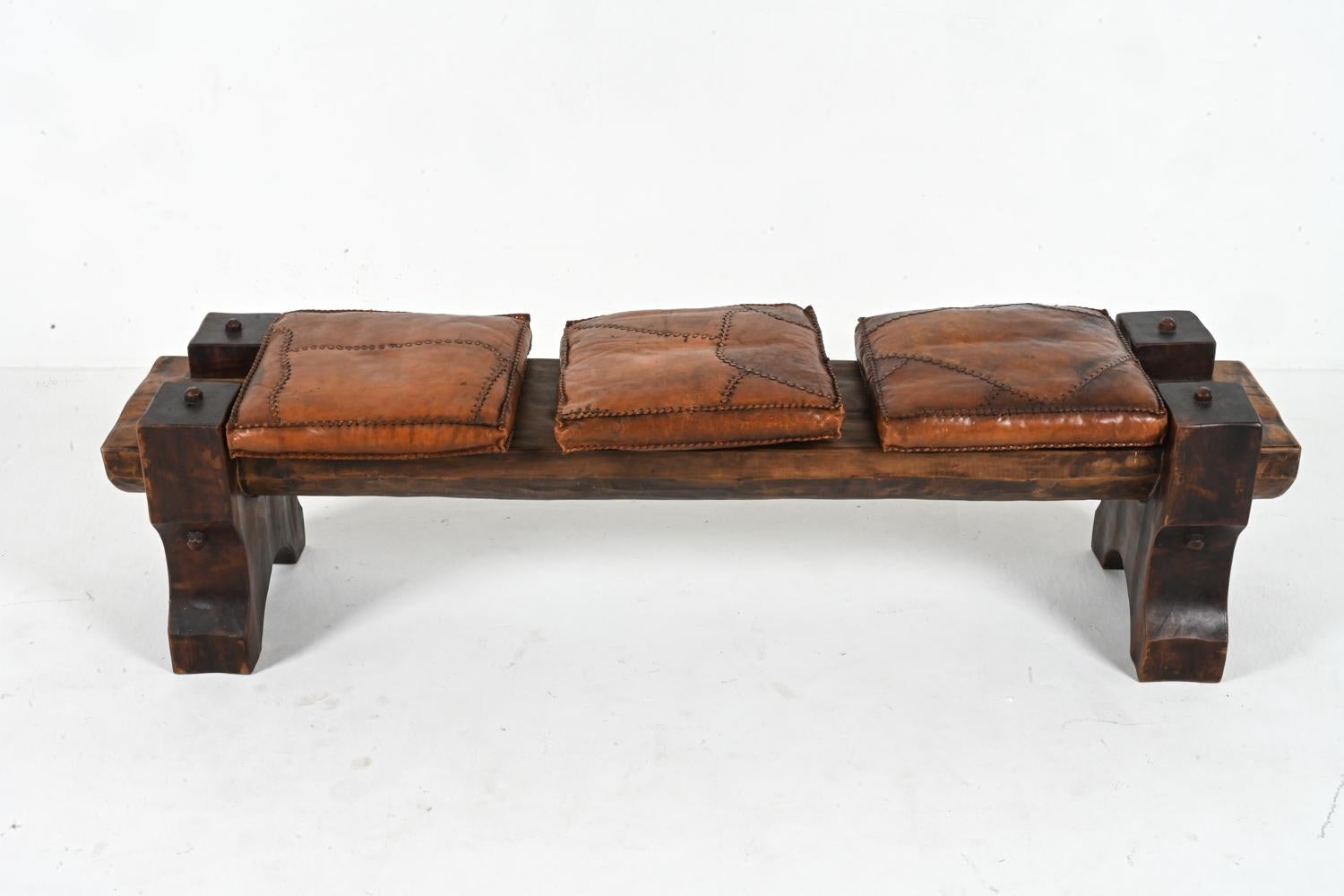 Unknown Brutalist Rough-Hewn Wood & Leather Bench