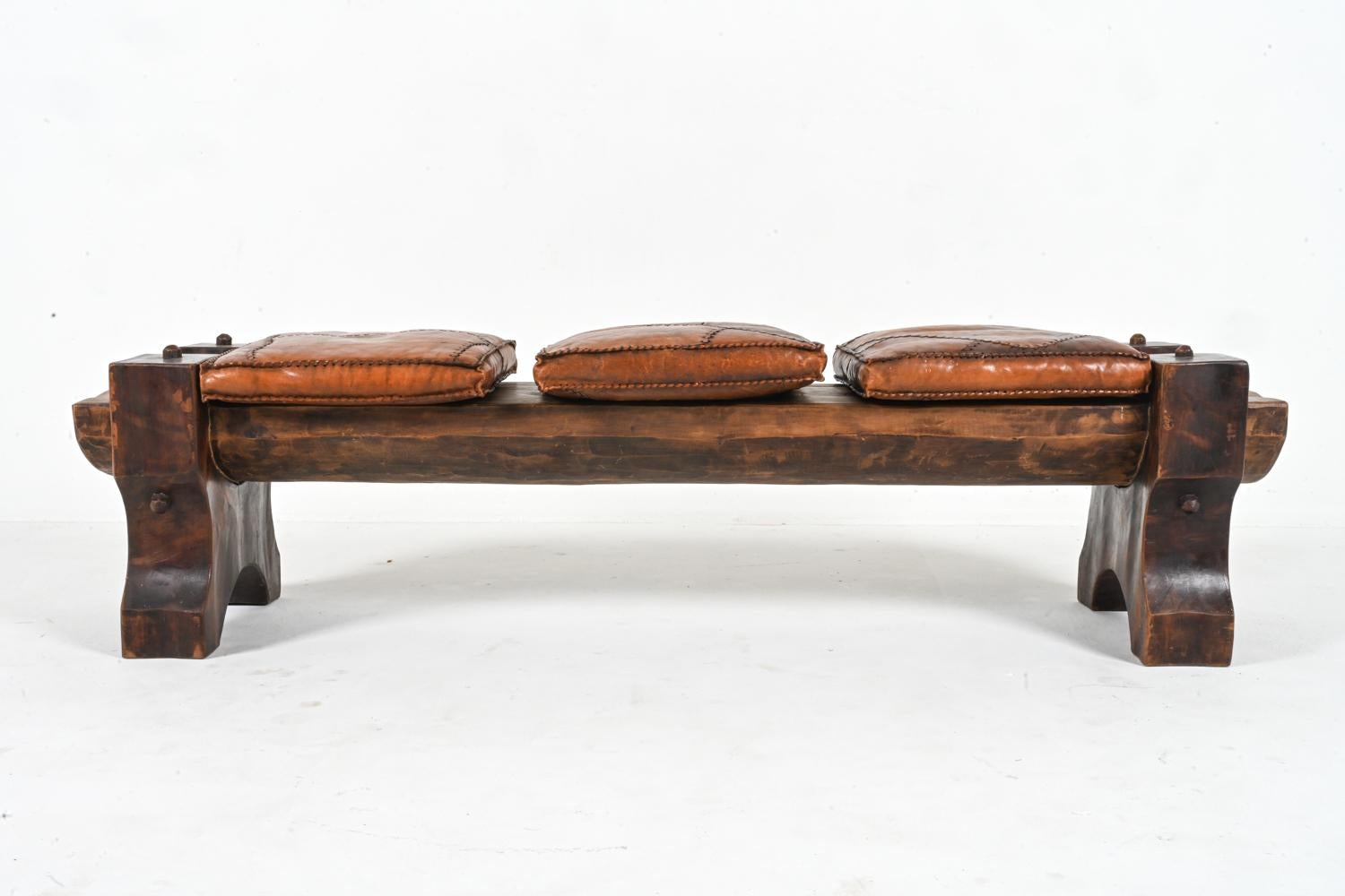 Brutalist Rough-Hewn Wood & Leather Bench In Good Condition In Norwalk, CT