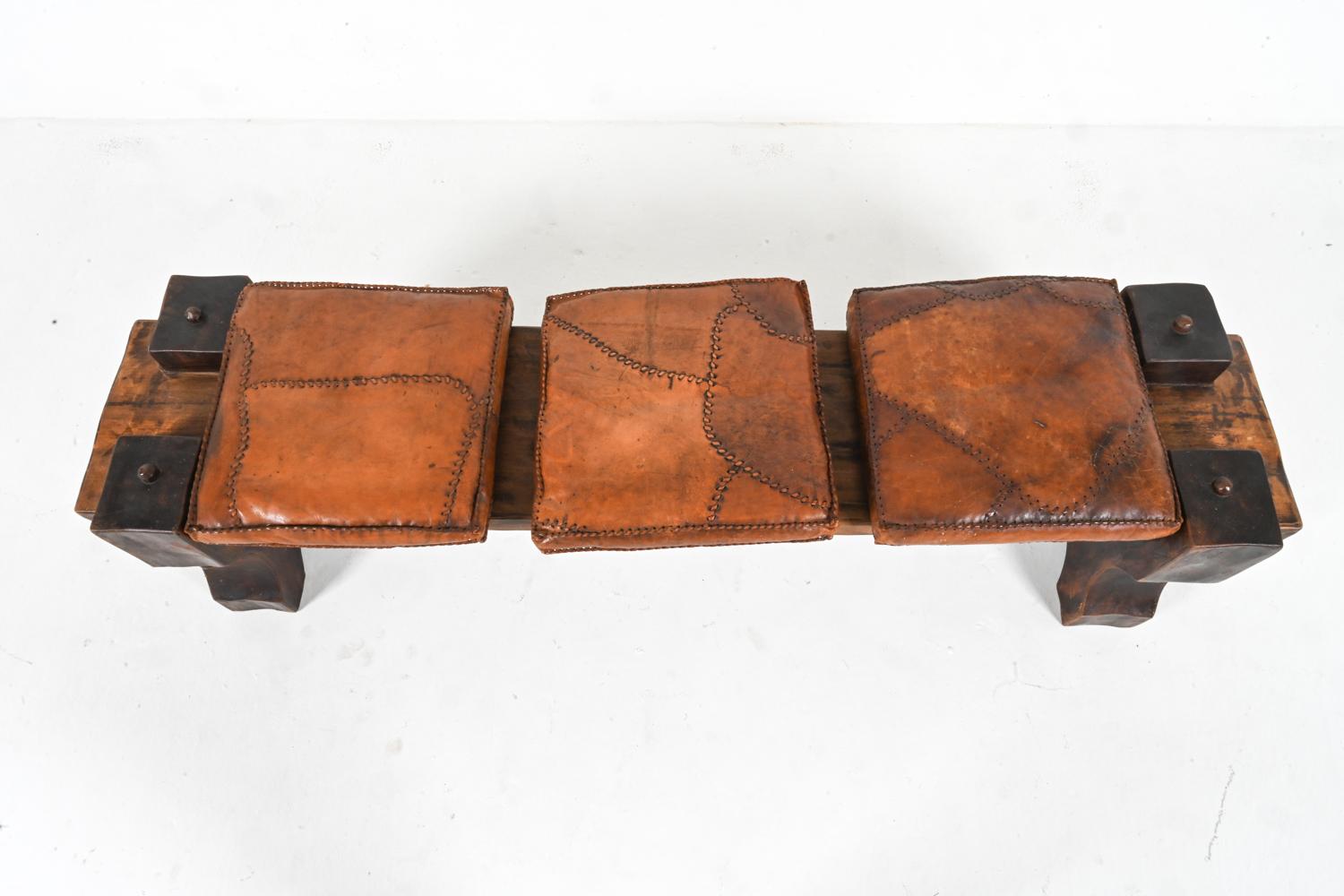 20th Century Brutalist Rough-Hewn Wood & Leather Bench