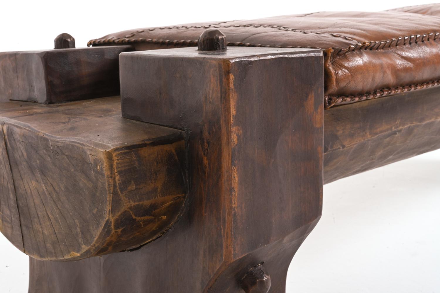 Brutalist Rough-Hewn Wood & Leather Bench 2