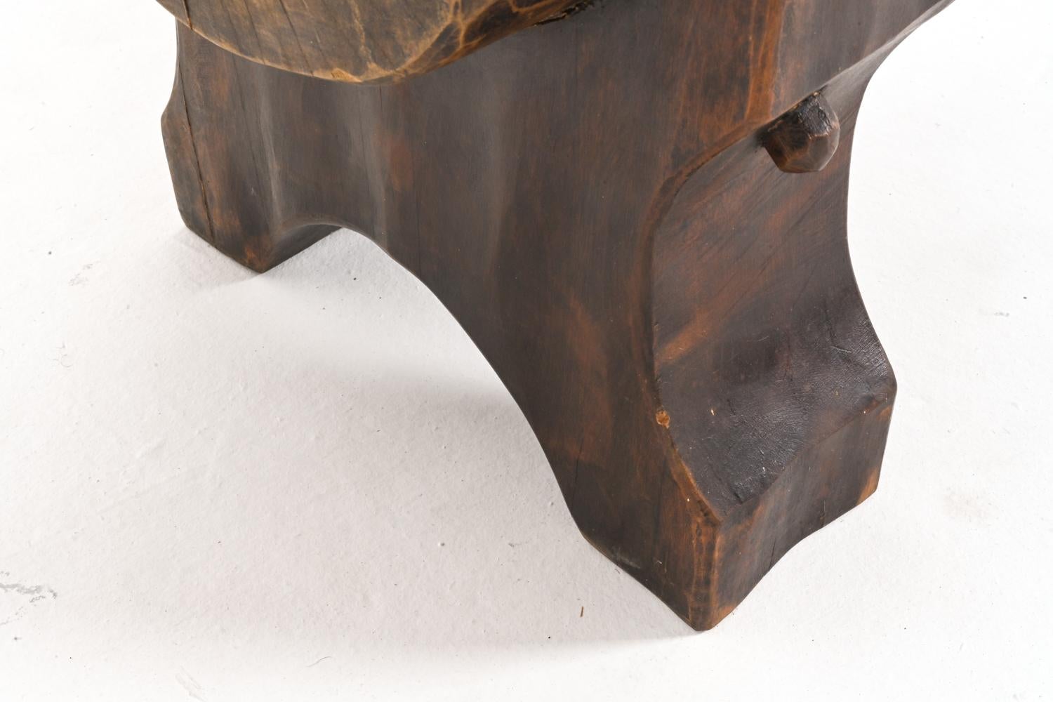 Brutalist Rough-Hewn Wood & Leather Bench 3