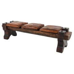 Brutalist Rough-Hewn Wood & Leather Bench