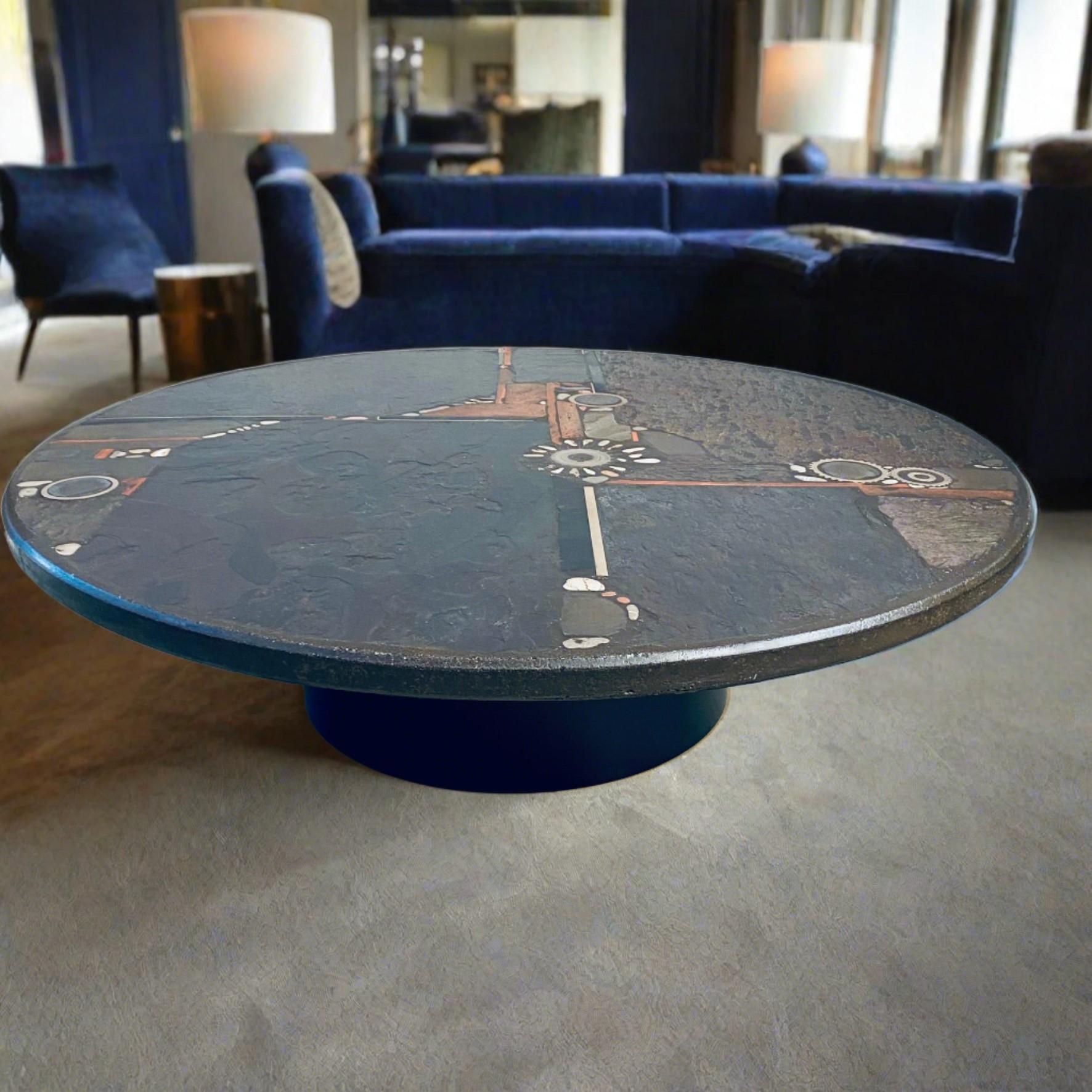 Inlay Brutalist Round Coffee Table by Sculptor Paul Kingma, Netherlands, 1984