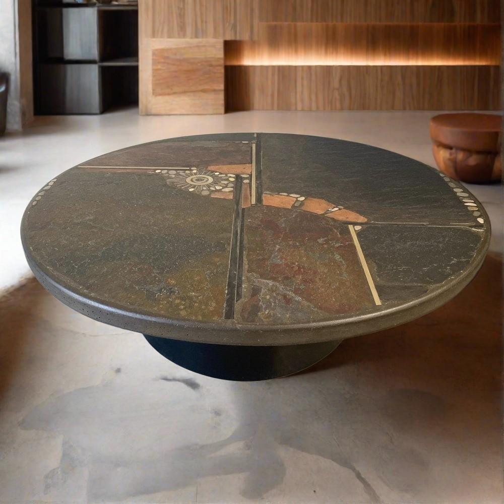 Brutalist coffee table designed and made by Paul Kingma, The Netherlands 1985.

Introducing the Brutalist Round Coffee Table by renowned sculptor Paul Kingma, crafted in the Netherlands in 1985. This iconic piece is a testament to Kingma's unique