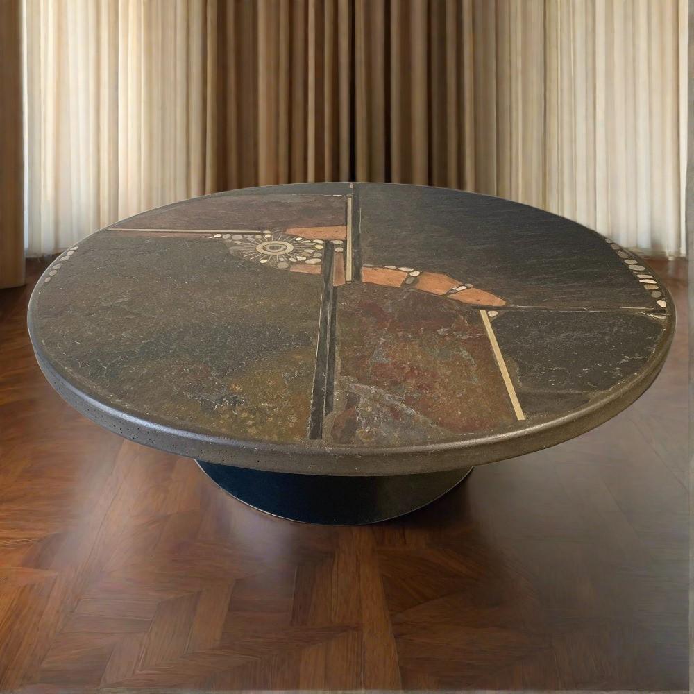 Inlay Brutalist Round Coffee Table by Sculptor Paul Kingma, Netherlands, 1985 For Sale