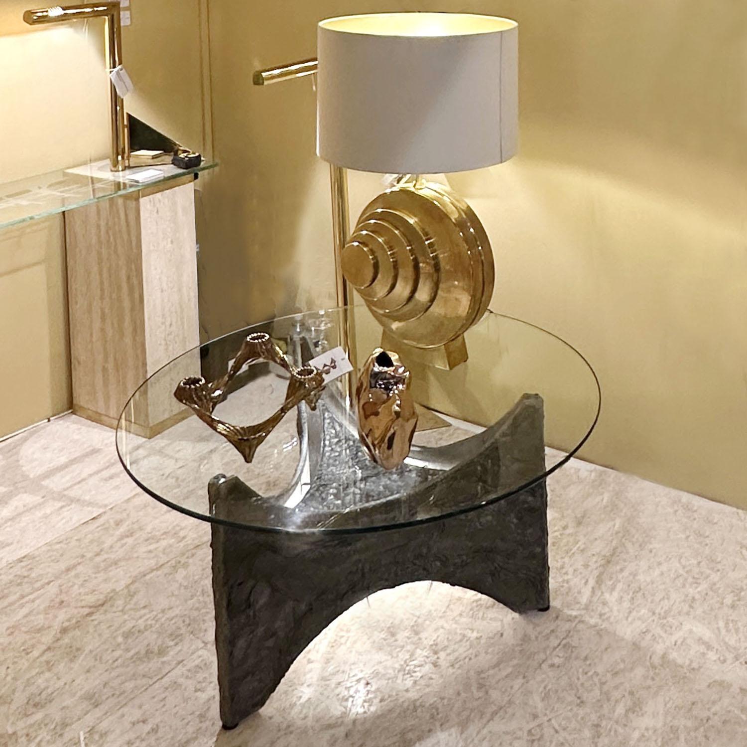 German Brutalist Round Coffee Table Cast Aluminium and Glass Illuminated For Sale