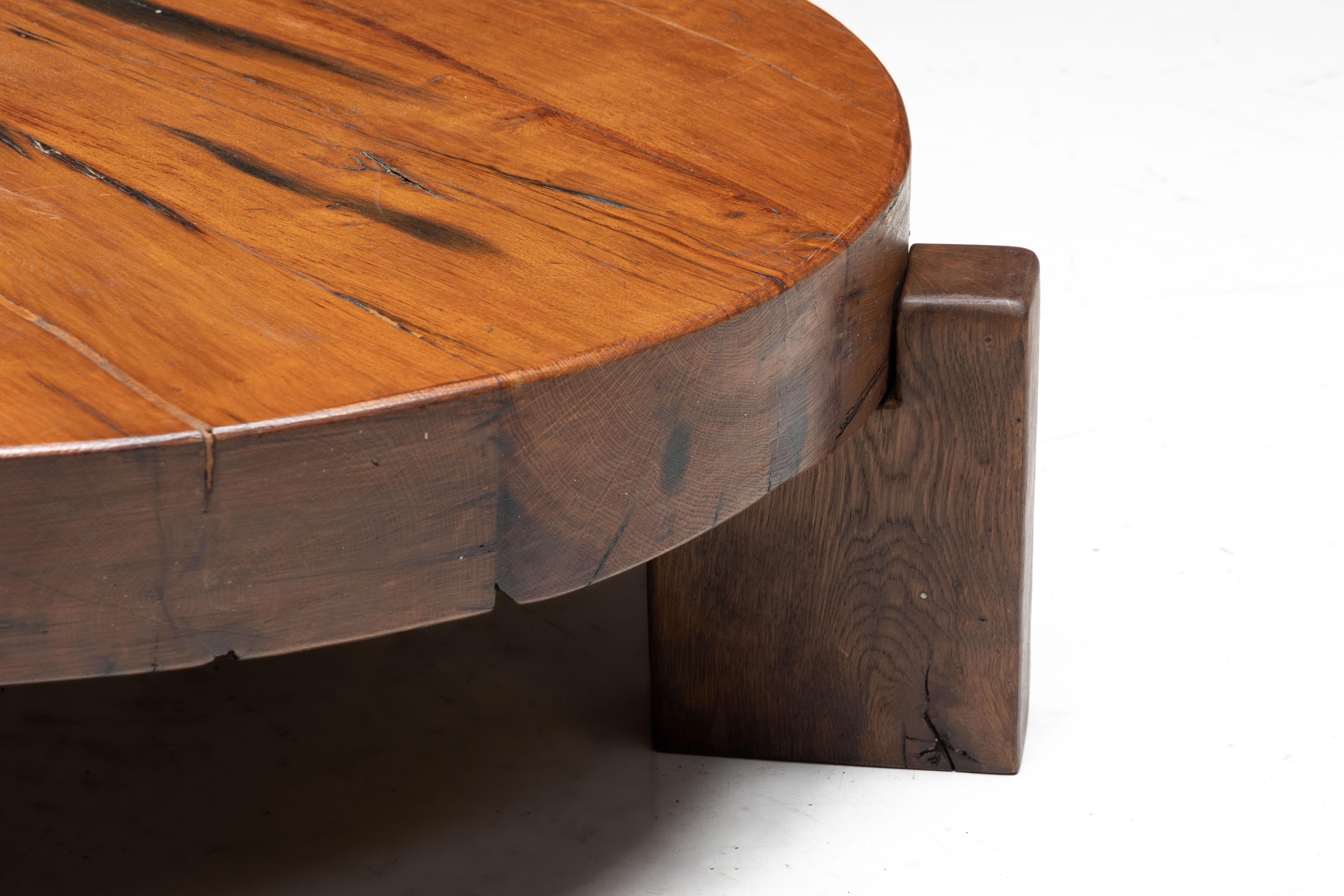 Wood Brutalist Round Coffee Table, France, 1950s For Sale