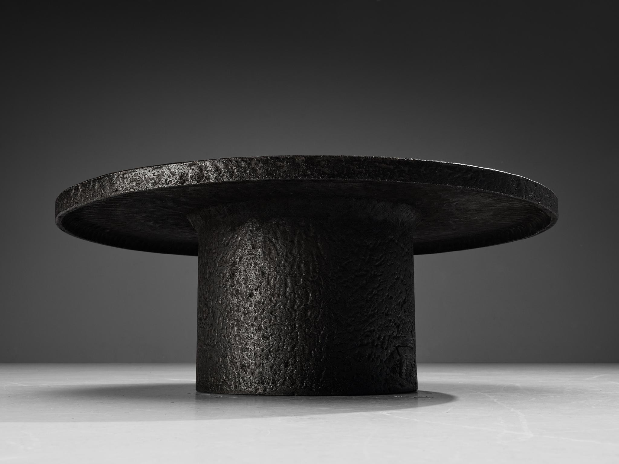 European Brutalist Round Coffee Table in Black Stone Look Resin