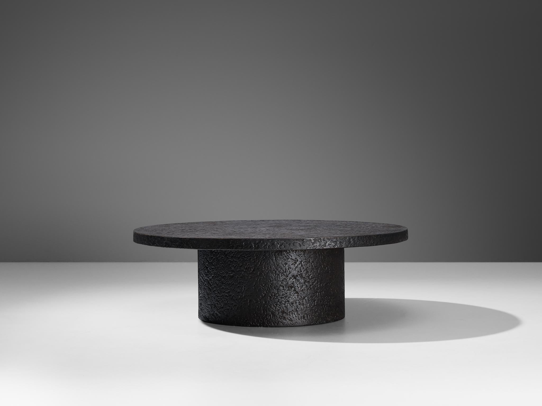 European Brutalist Round Coffee Table in Black Stone Look Resin