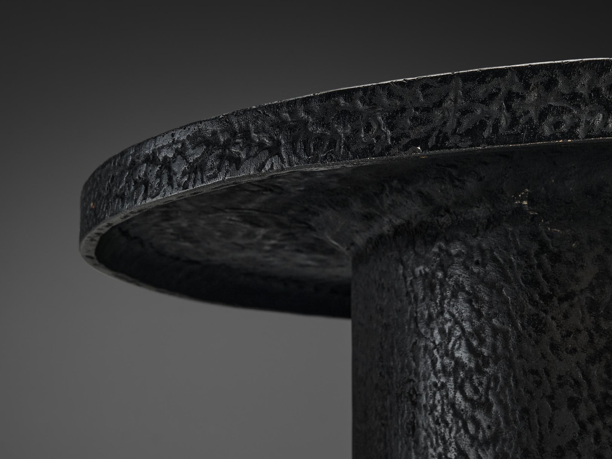 European Brutalist Round Coffee Table in Black Stone Look Resin 