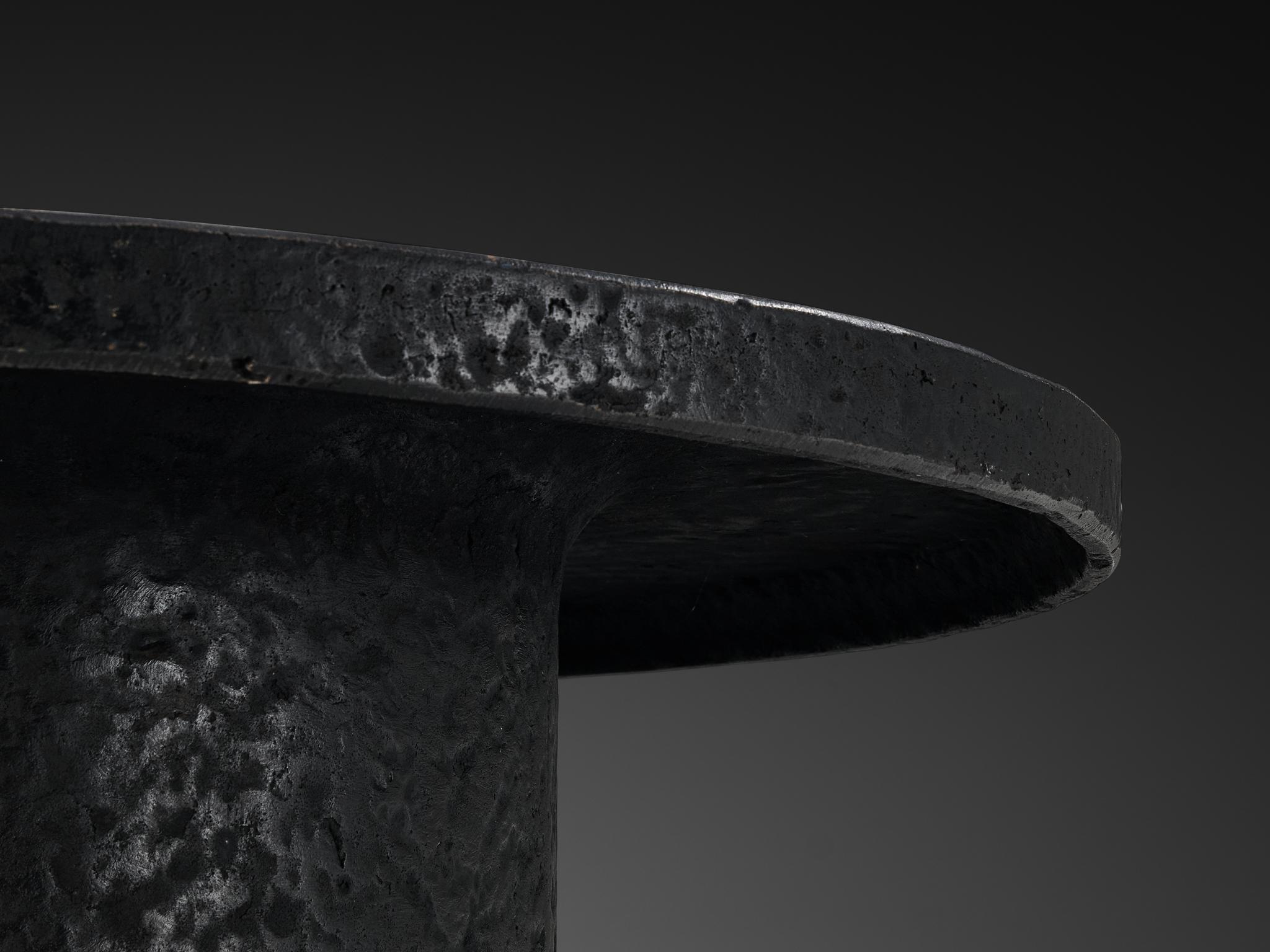European Brutalist Round Coffee Table in Black Stone Look Resin