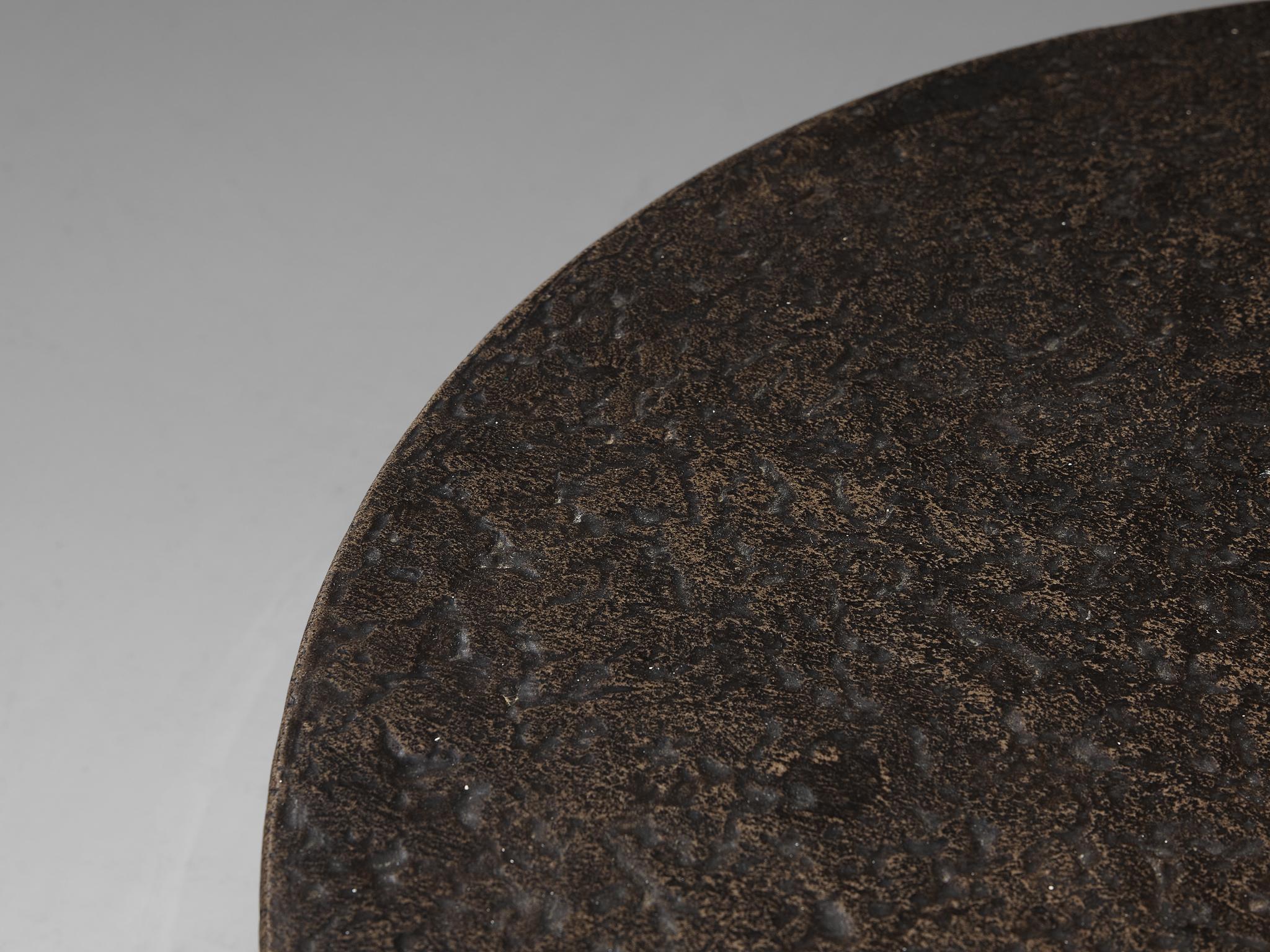 European Brutalist Round Coffee Table in Black Stone Look Resin