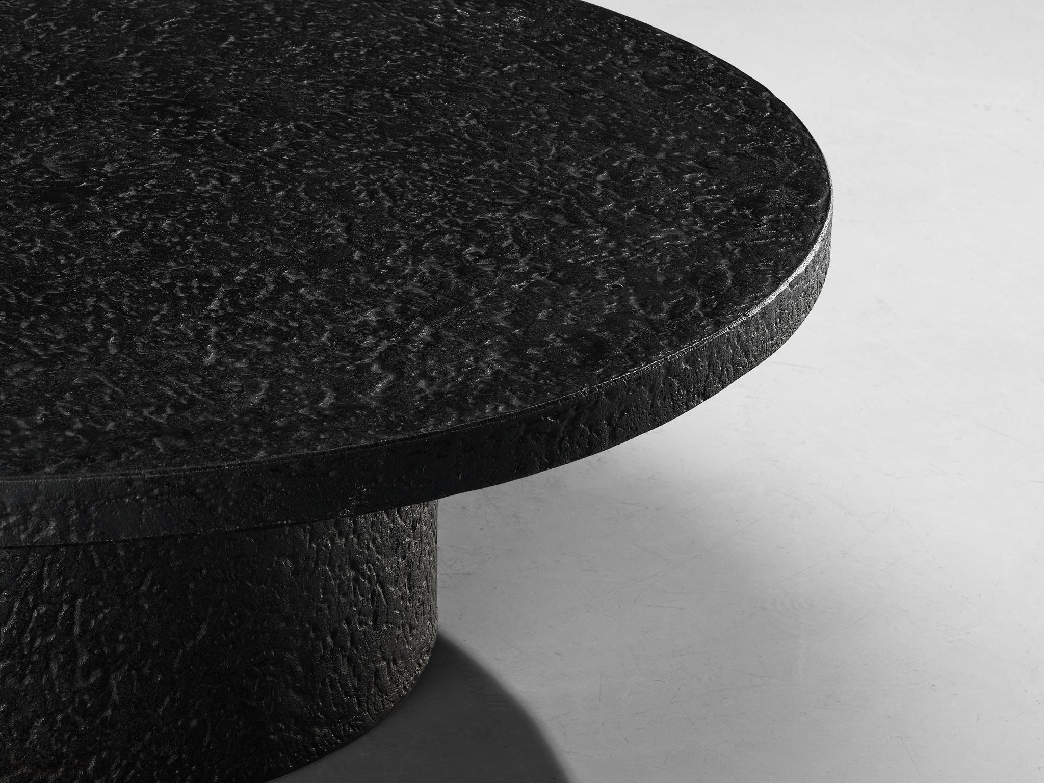European Brutalist Round Coffee Table in Black Stone Look Resin