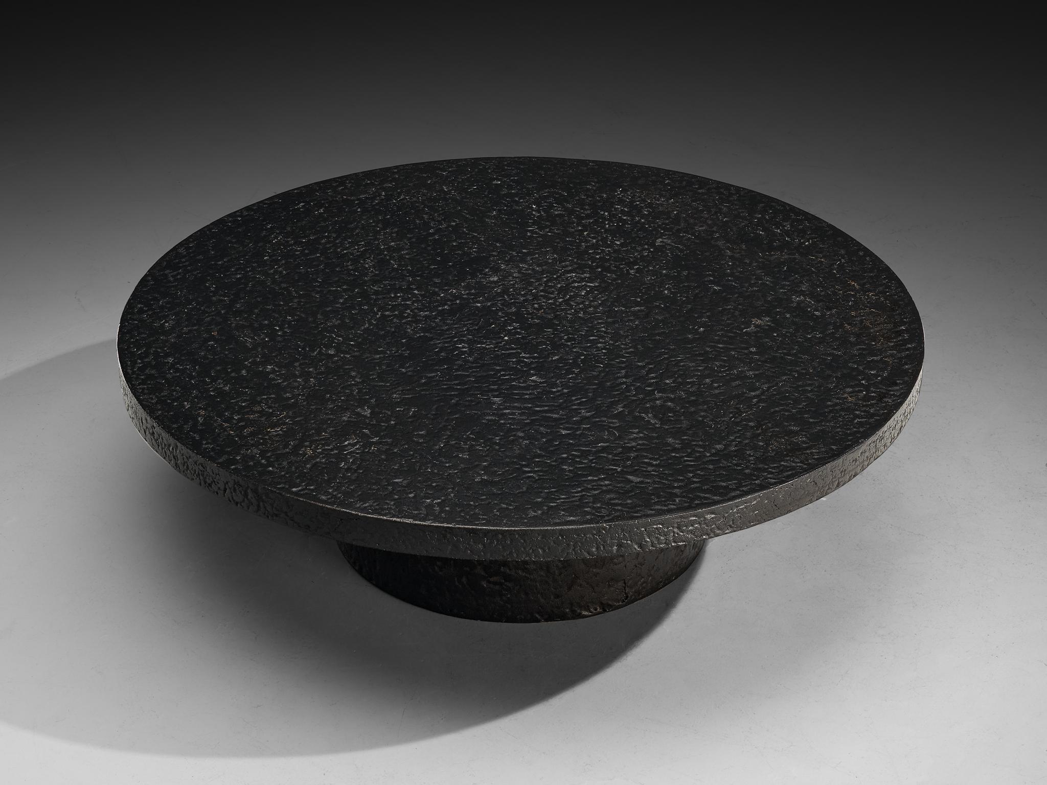 European Brutalist Round Coffee Table in Black Stone Look Resin For Sale
