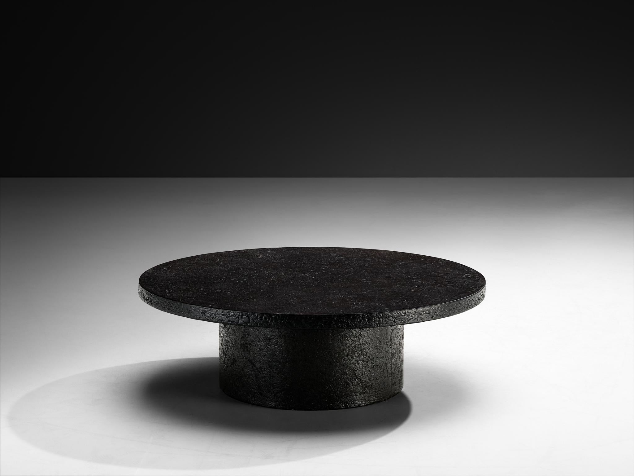 European Brutalist Round Coffee Table in Black Stone Look Resin For Sale