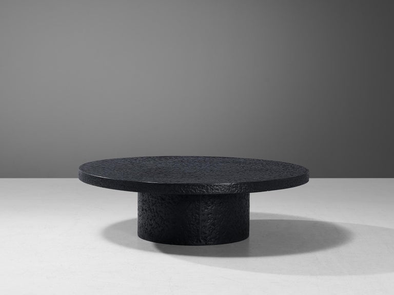 Brutalist Round Coffee Table in Black Stone Look Resin For Sale at