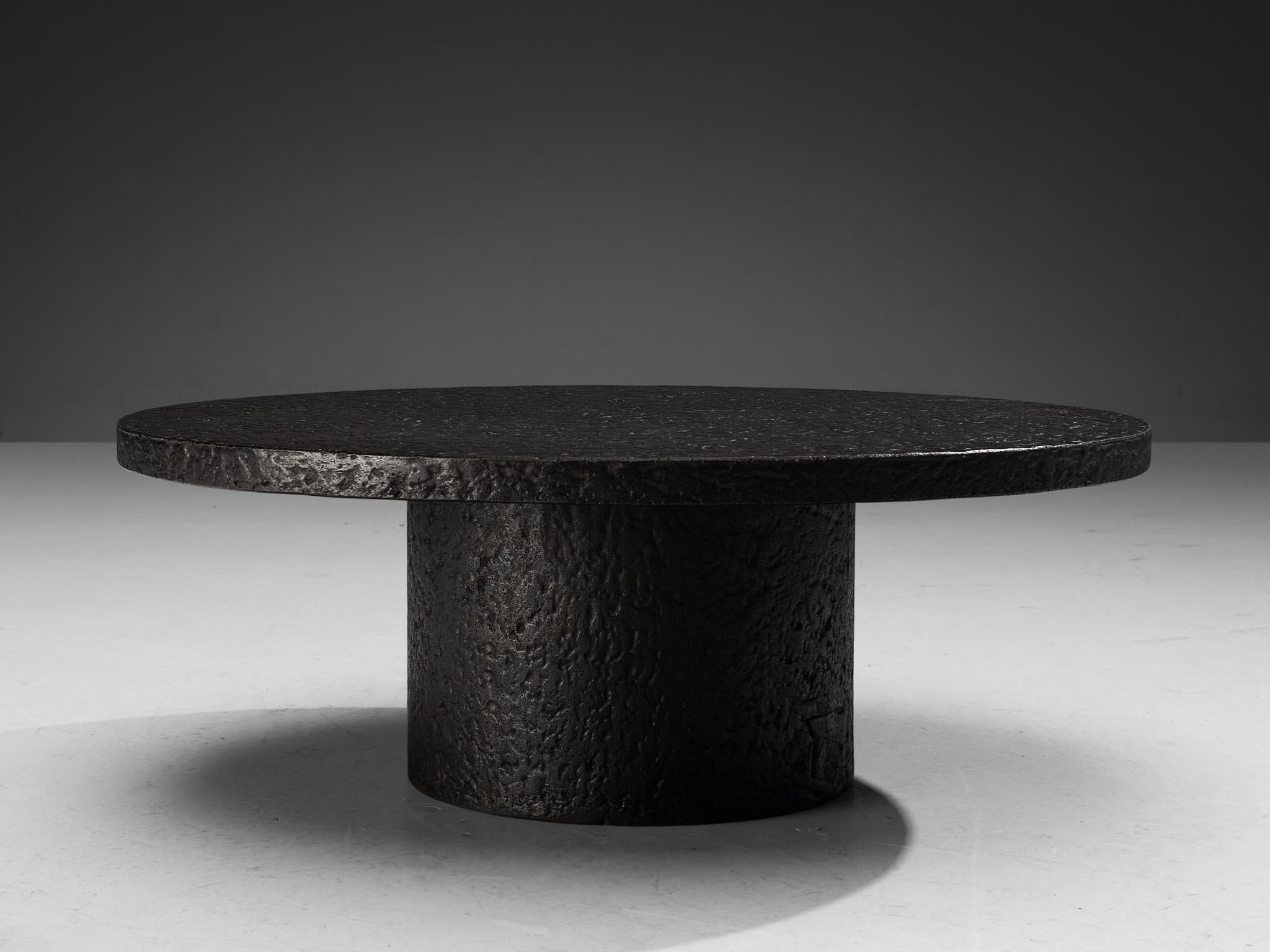 Brutalist Round Coffee Table in Black Stone Look Resin 1
