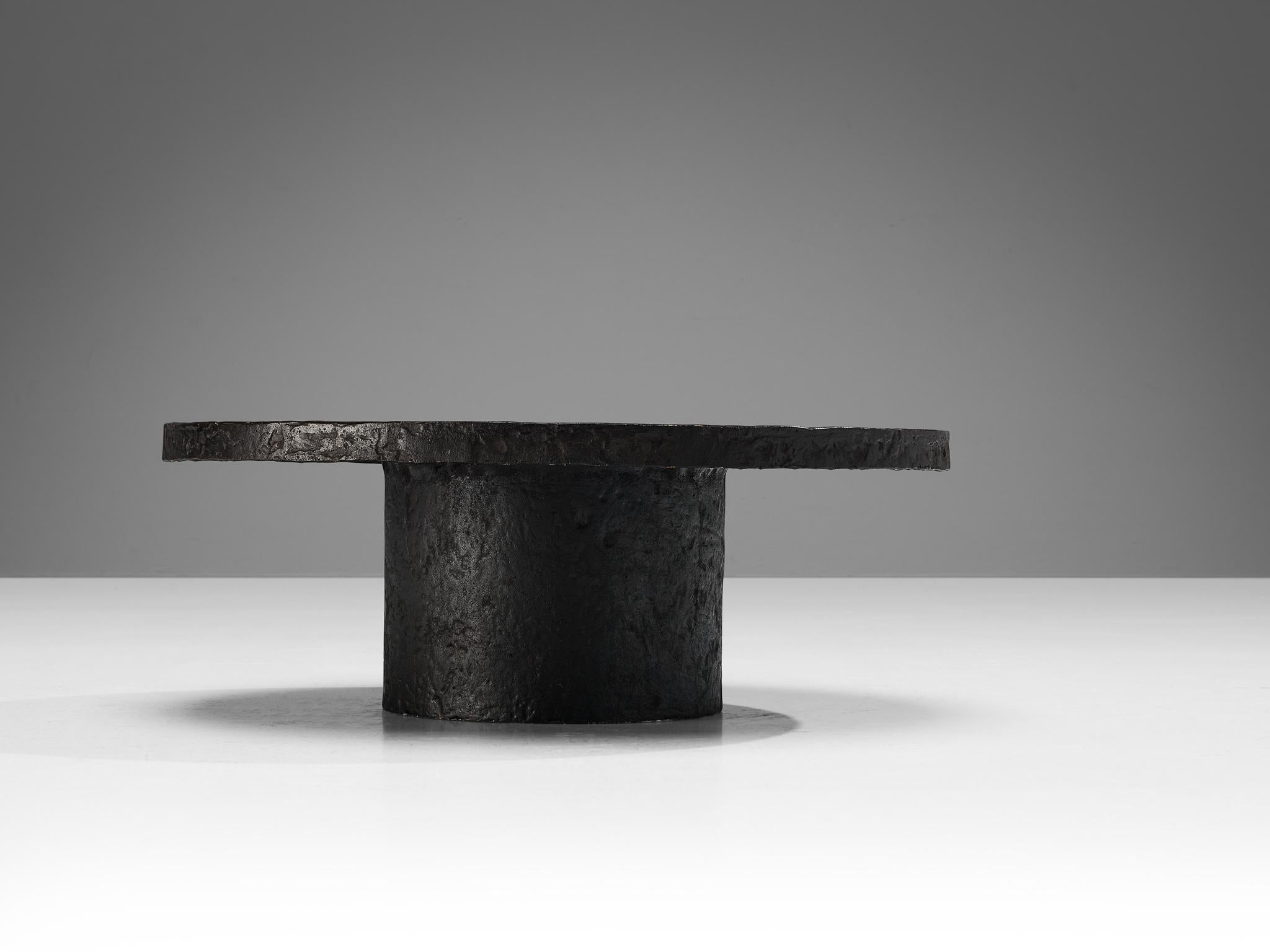 Brutalist Round Coffee Table in Black Stone Look Resin  1
