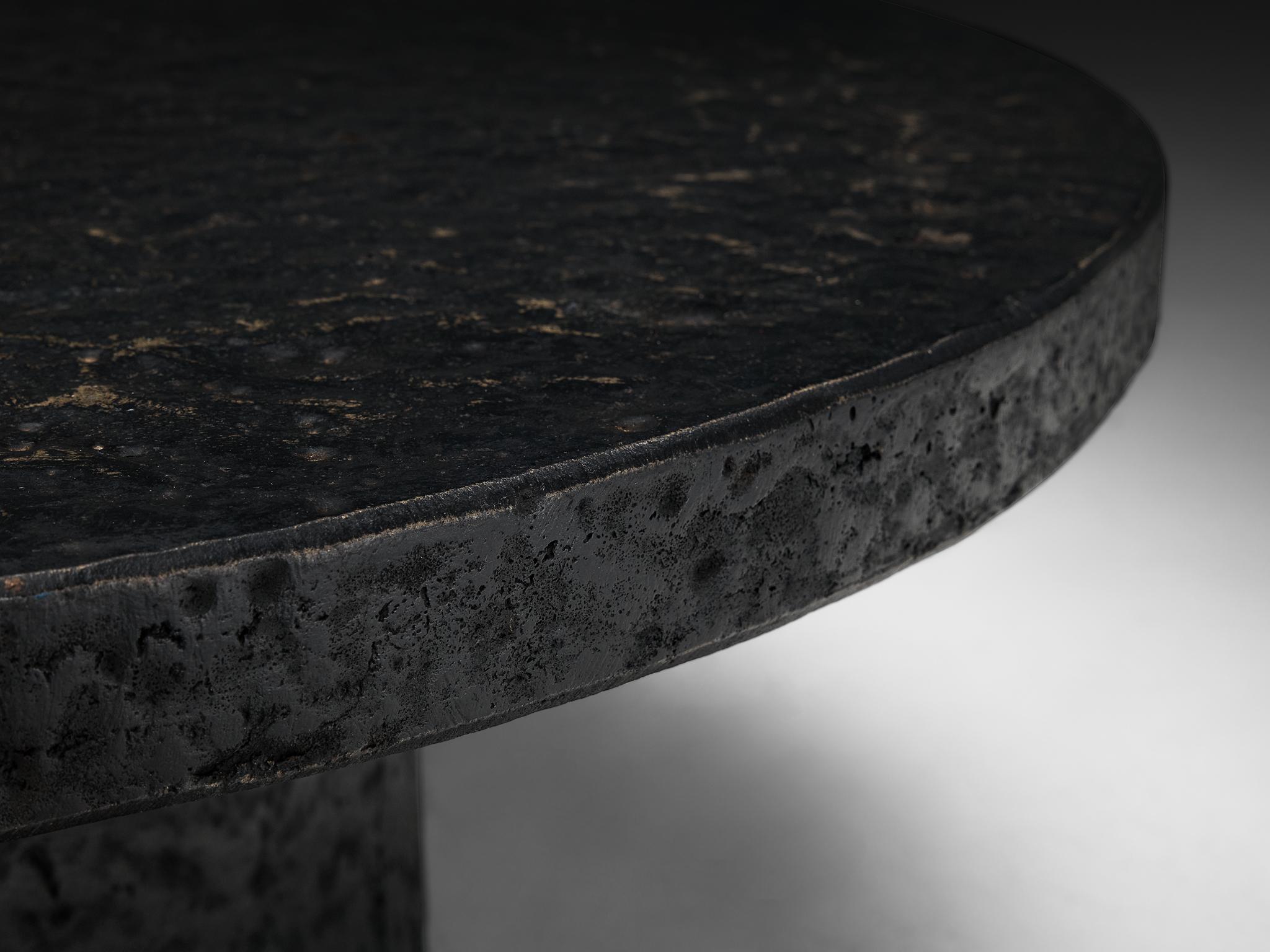 Brutalist Round Coffee Table in Black Stone Look Resin 1