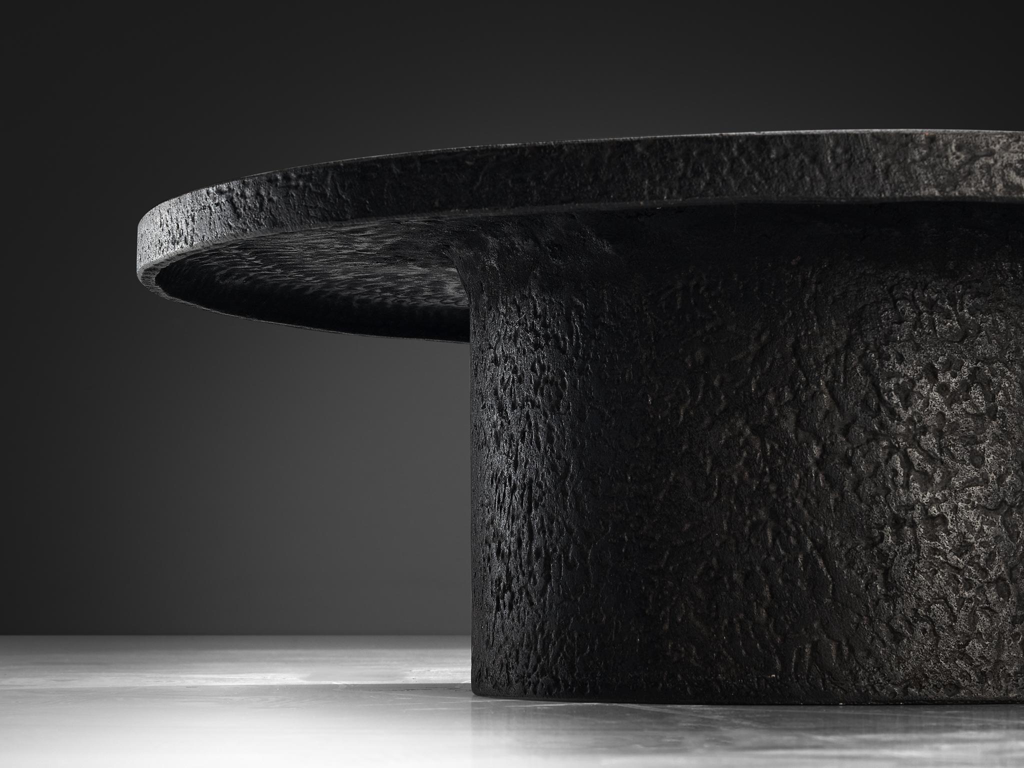 Brutalist Round Coffee Table in Black Stone Look Resin 1