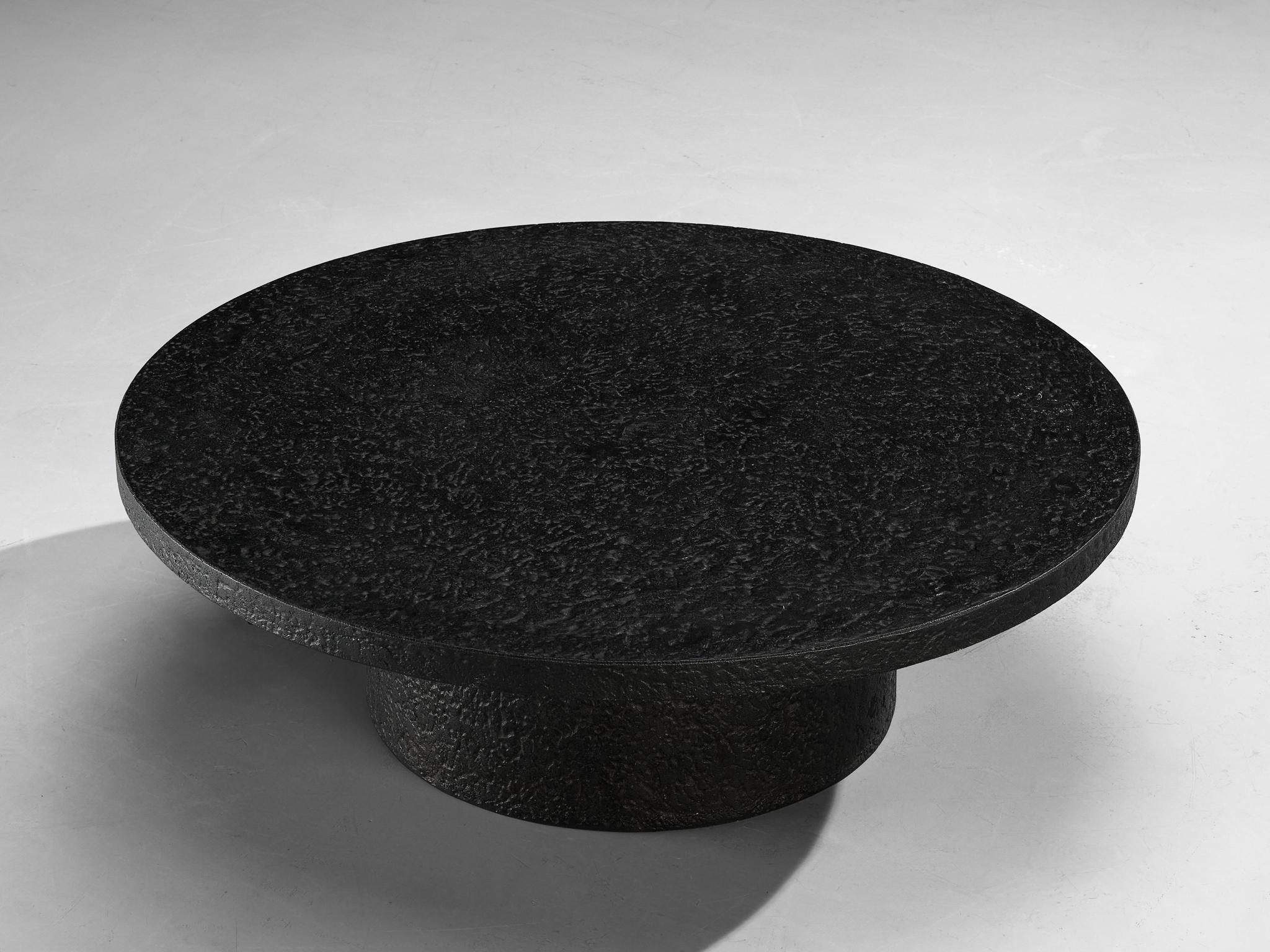 Brutalist Round Coffee Table in Black Stone Look Resin 2
