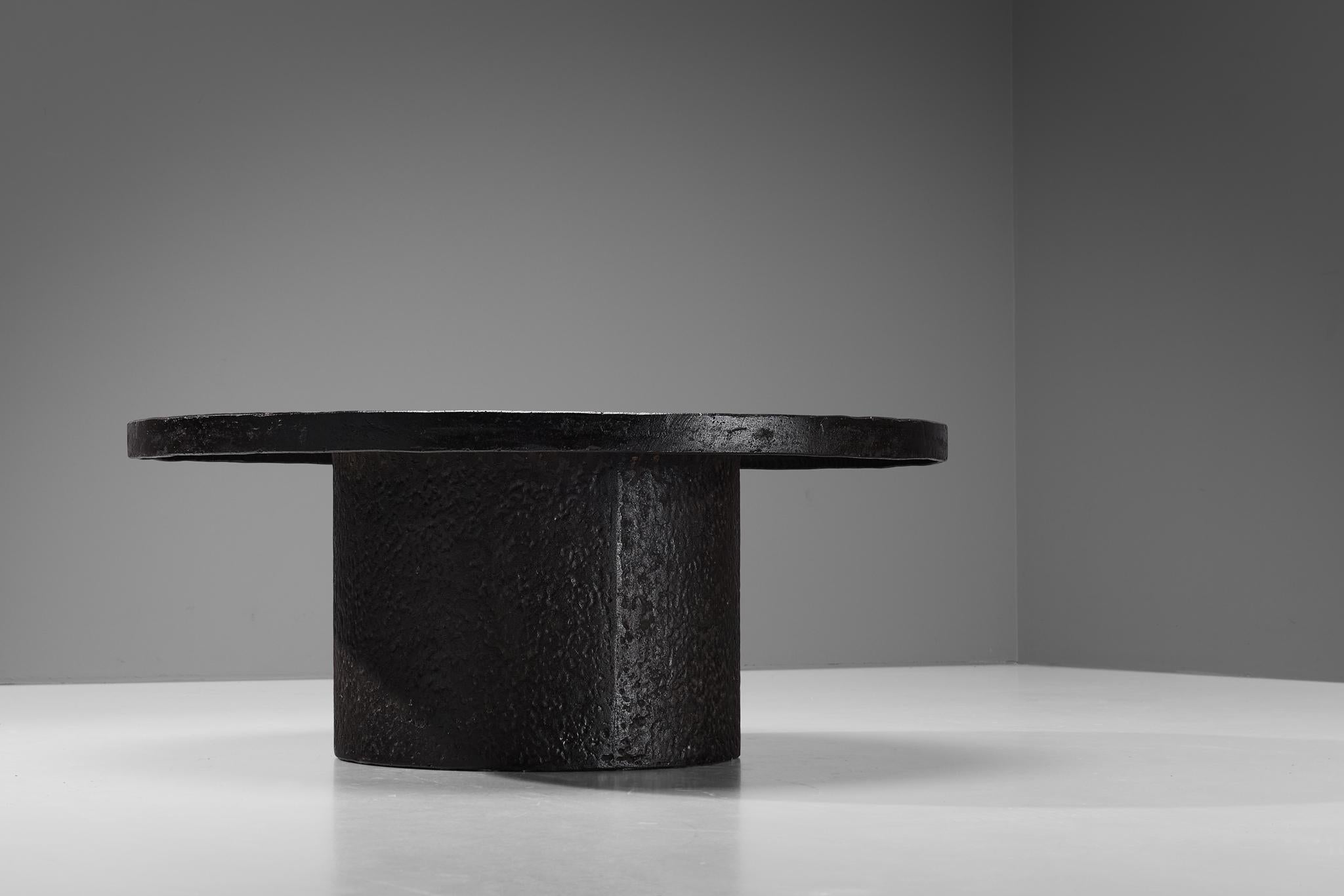 Brutalist Round Coffee Table in Black Stone Look Resin 3