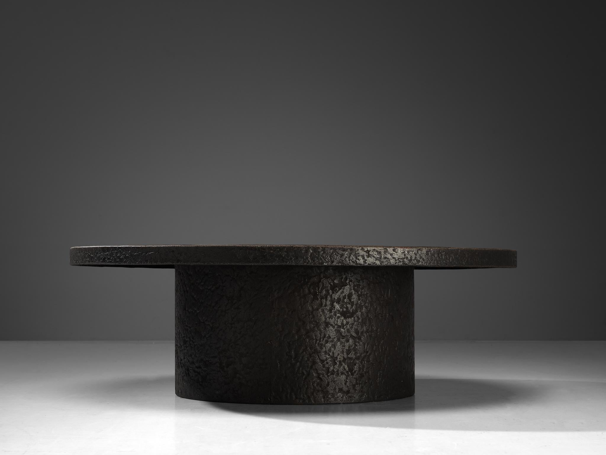 Brutalist Round Coffee Table in Black Stone Look Resin 3