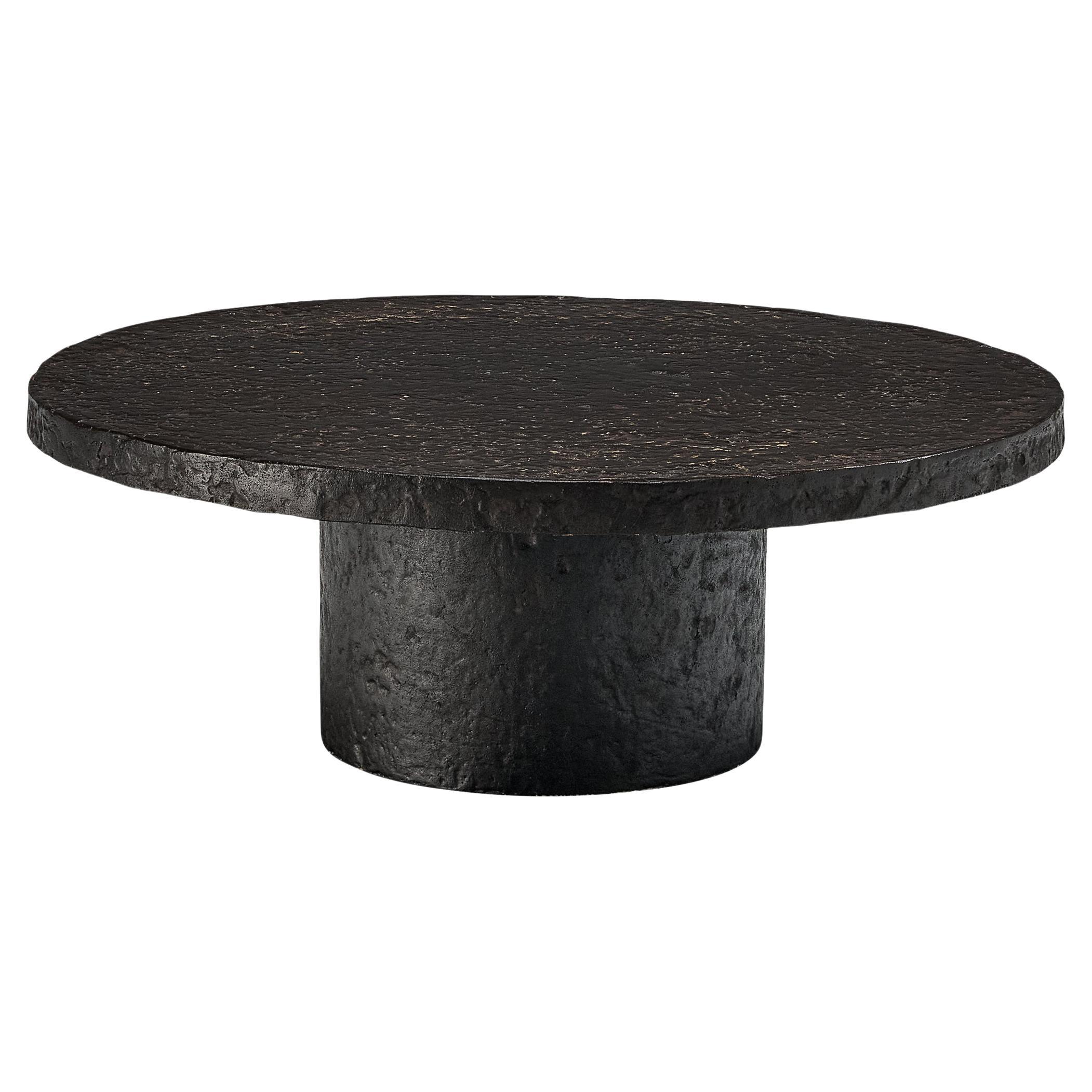 Brutalist Round Coffee Table in Black Stone Look Resin 