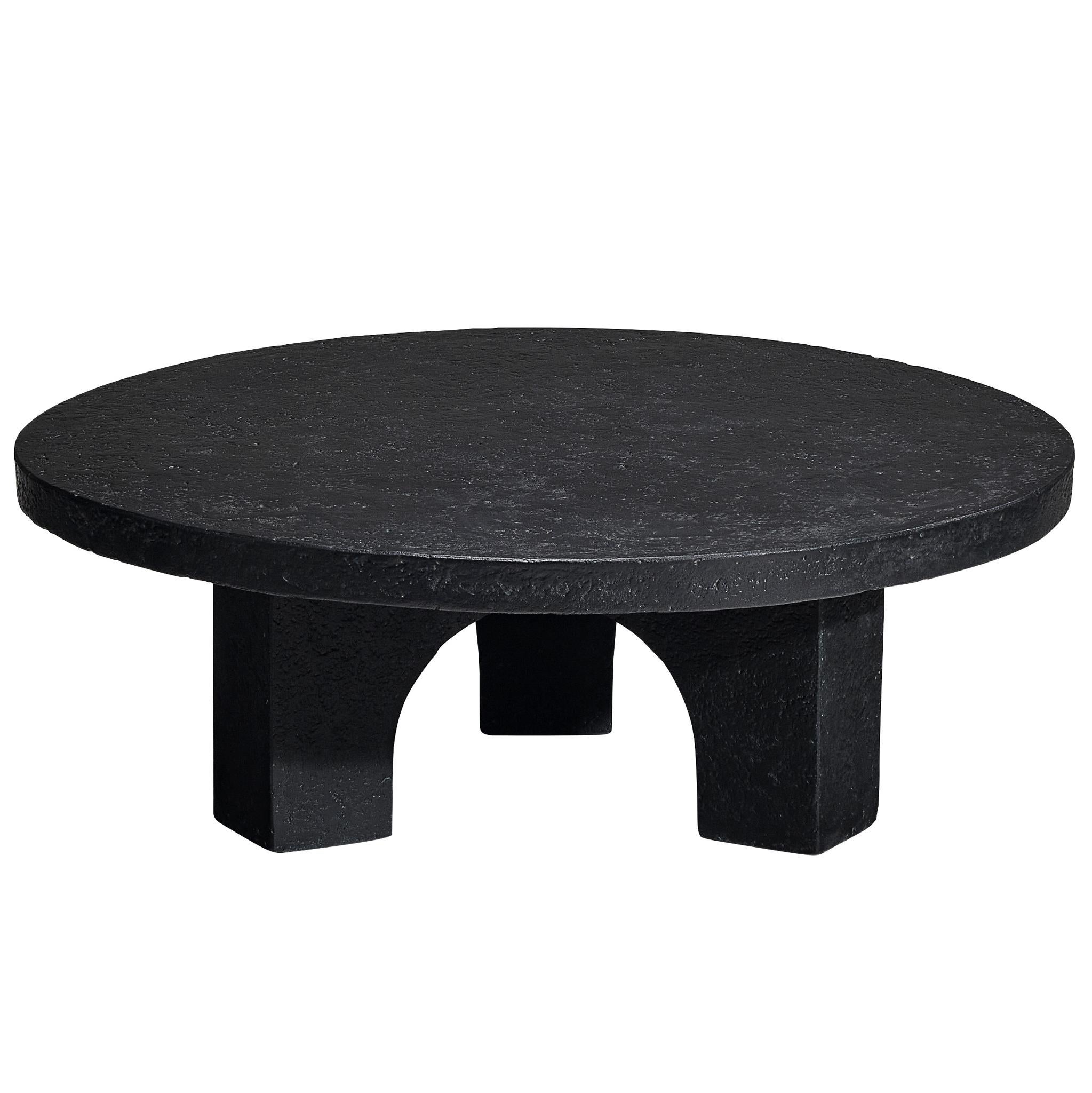 Brutalist Round Coffee Table in Black Stone Look Resin