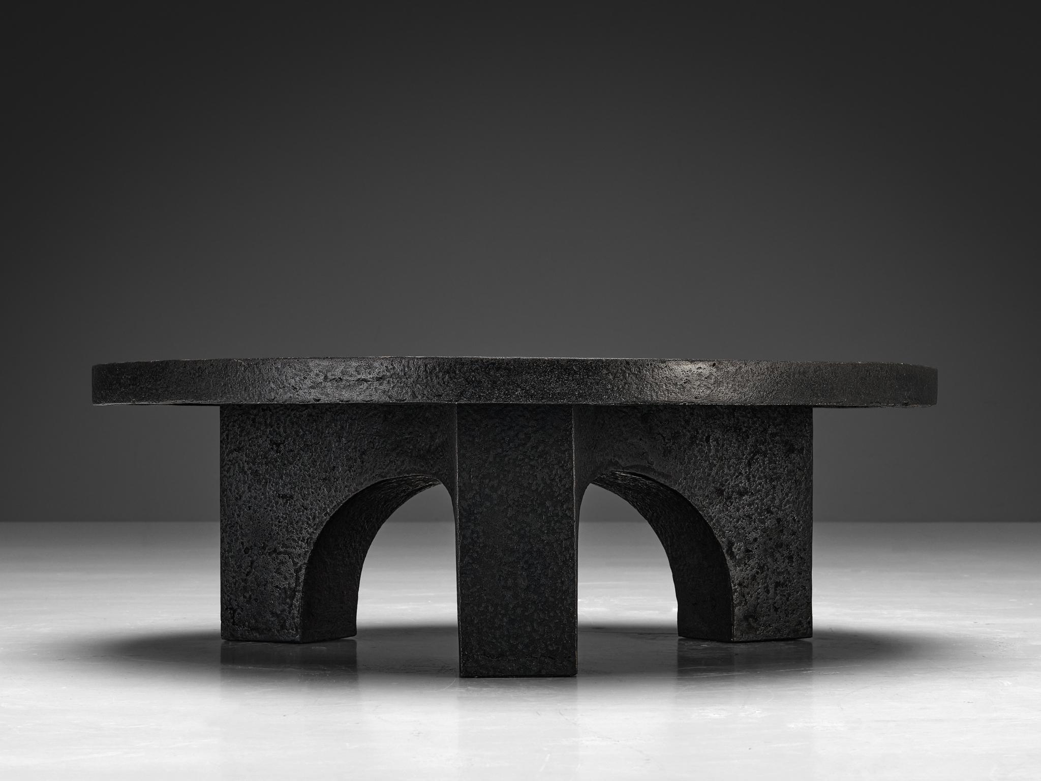 European Brutalist Round Coffee Table in Dark Grey Stone Look