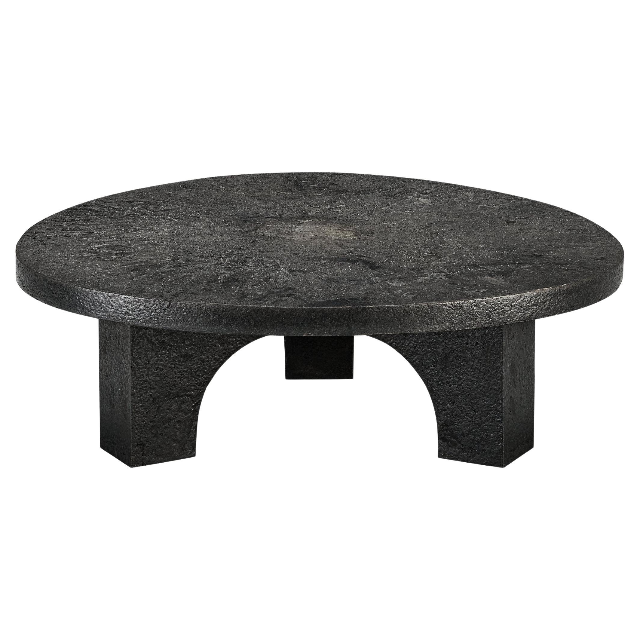 Brutalist Round Coffee Table in Dark Grey Stone Look 