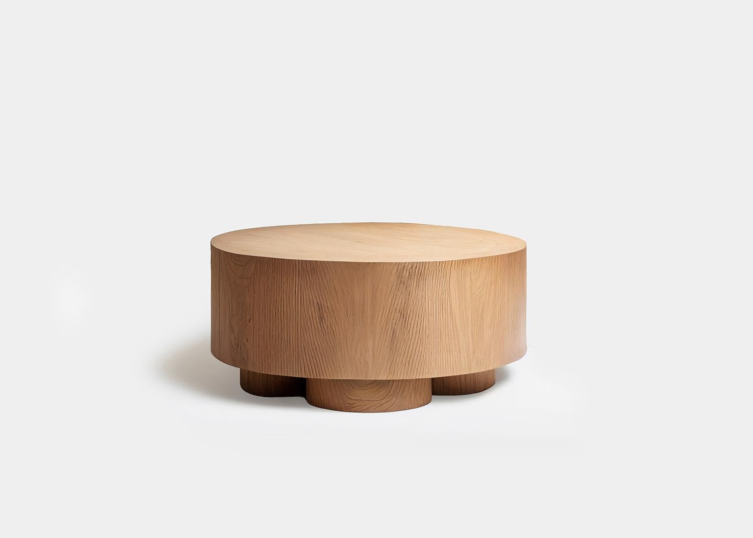 Brutalist Round Coffee Table in Red Oak Wood Veneer, Podio by NONO For Sale 3