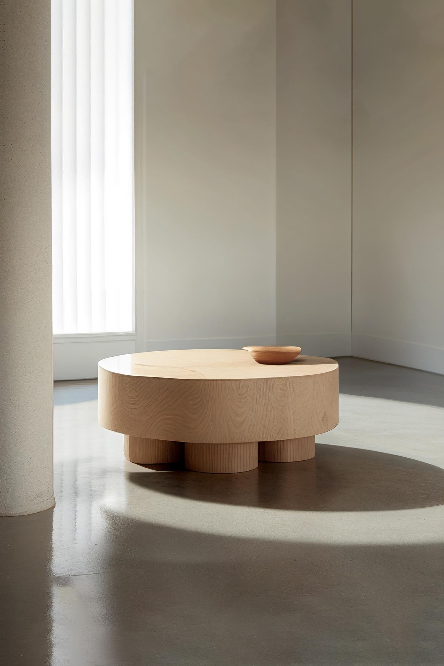 Mexican Brutalist Round Coffee Table in Red Oak Wood Veneer, Podio by NONO