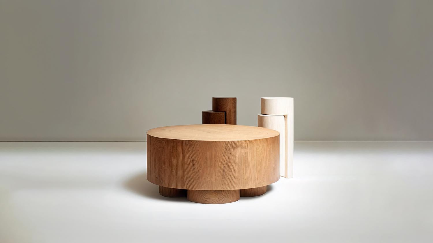 Mexican Brutalist Round Coffee Table in Red Oak Wood Veneer, Podio by NONO For Sale