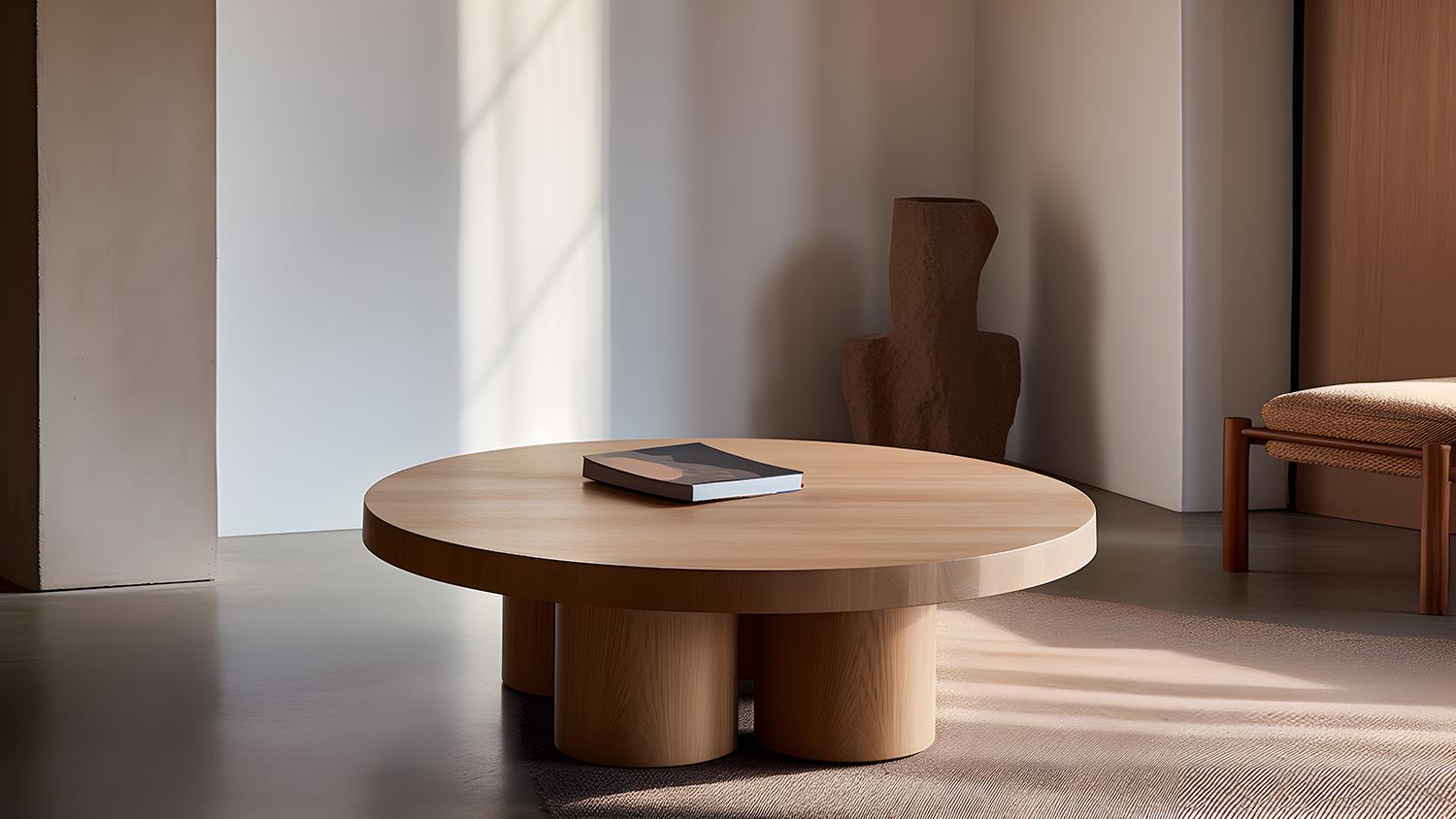 Mexican Brutalist Round Coffee Table in Red Oak Wood Veneer, Podio by NONO For Sale